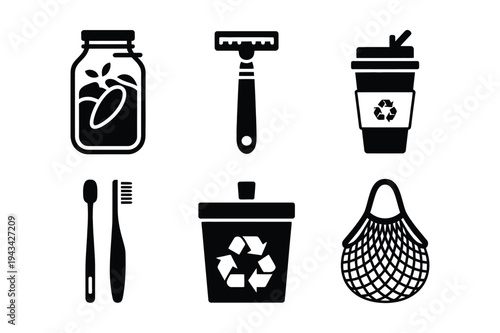 Eco-friendly lifestyle icons: jar, razor, cup, toothbrush, bin, bag
