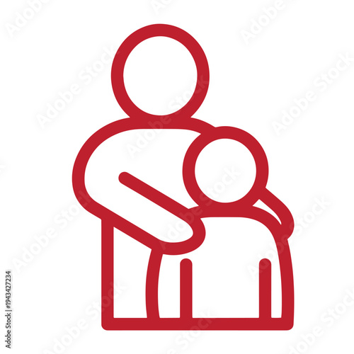 red line drawing of adult and child hug each other tightly in embrace