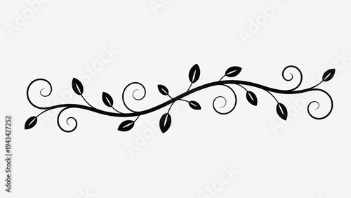 Black silhouette of a swirling vine with leaves and curls on a white background plant branch