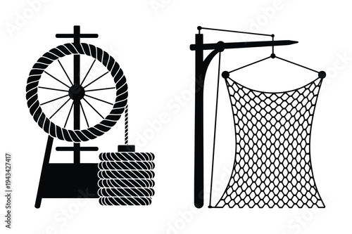 Rope making machine and fishing net icons