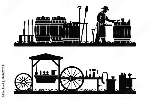Cooperage and mobile cart icons: craftsmanship and trade