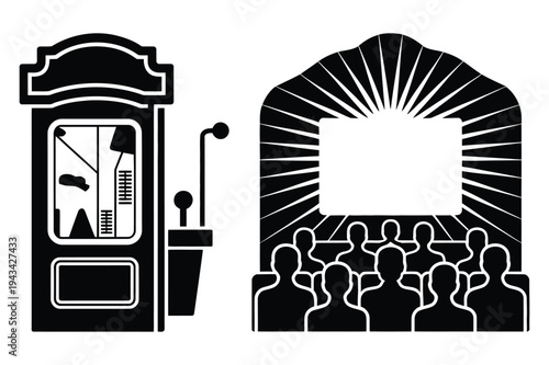 Cinema icons: ticket booth and audience watching screen