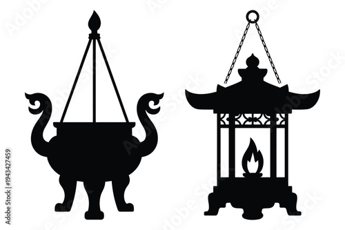 Traditional incense burner and japanese lantern silhouettes