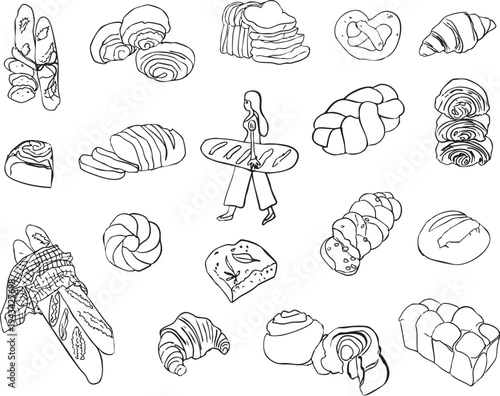Hand drawn bakery vector set with bread, croissants, baguette, toast and sweet pastries. Doodle style collection of bakery products and baked goods isolated on white background. Perfect for bakery men