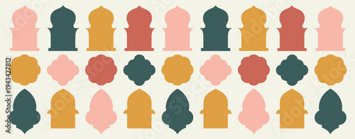 Geometric Islamic Arch and Floral Patterns in Pastel Colors