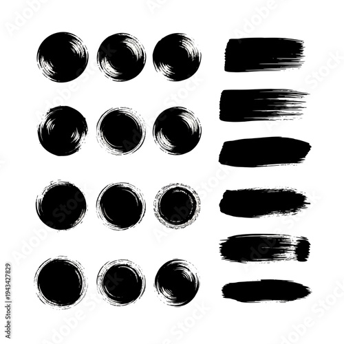A collection of black brush strokes and circles on a white background.