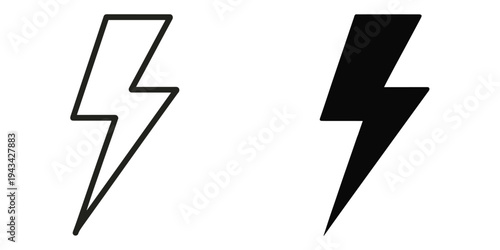 Lightning Bolt Icons in Black and White Outline and Solid Fill vector illustration