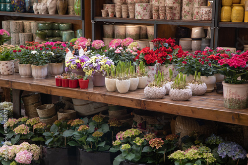 Variety of flowering plants potted at garden shop in spring.