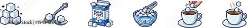 Set of sugar cubes, coffee cup, and sugar bowl vector icons.