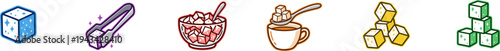 Colorful sugar cubes, coffee cup, and tongs vector icons set.