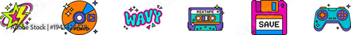 Colorful retro technology and gaming vector icons set.