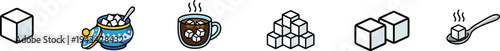 Set of sugar cubes, coffee cup, and sugar bowl vector icons.