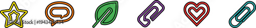 Colorful outline vector icons of paperclips, leaf, heart, and star.