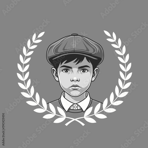 Young Boy in Flat Cap and Laurel Wreath Emblem, Vintage Style Portrait