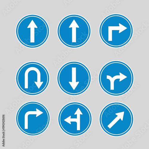 Set of traffic direction signs, arrows indicating movement, blue circular road signs Free Download Set of traffic direction signs, arrows indicating movement, blue circular road signs - GFXLoad