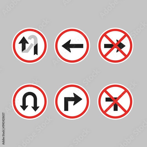Free Download Set of traffic road signs, directional arrows, prohibition signs, and U-turn symbol on grey background - GFXLoad
