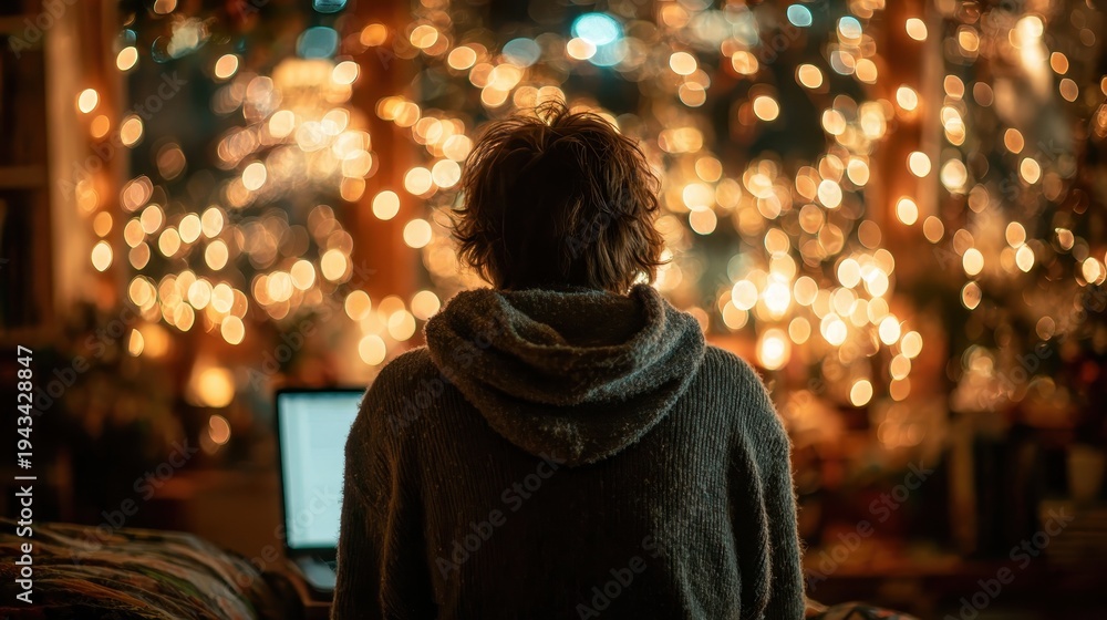 Fototapeta premium Back of person in cozy hoodie looking at festive golden bokeh lights. Ideal for comfort, holiday, remote work, or reflective moments themes.