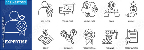 Expertise icon collection set. Containing Expertise, consulting, knowledge, team, advice, trust, research, professional, training, certification icon. simple line vector.	

