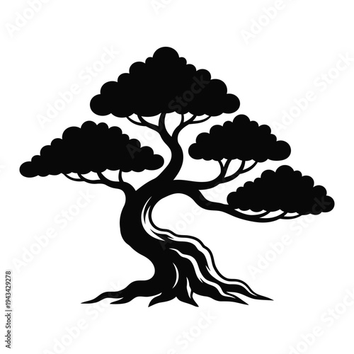 Stylized black silhouette of a mature bonsai tree with gnarled trunk and lush canopy.