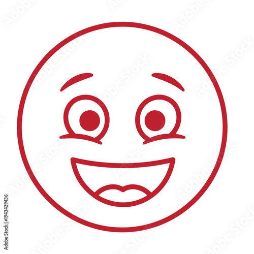red cartoon face with wide eyes and smiling mouth on white background