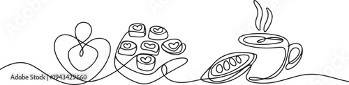 Chocolate variant by simple continuous line. Minimalist valentine concept, one line art icon drawing vector