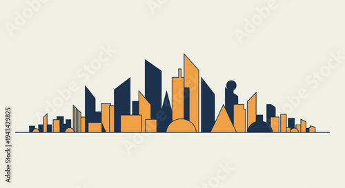 Abstract geometric cityscape skyline with modern buildings in orange and blue.