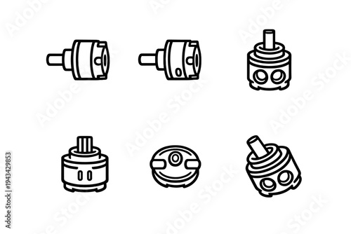 Set of faucet cartridge icons for plumbing repair and maintenance of ceramic disc mixer valves in bathroom and kitchen fixtures
