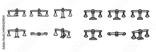 Set of justice scale icons representing law legal system equality and balance in various line art styles on white background