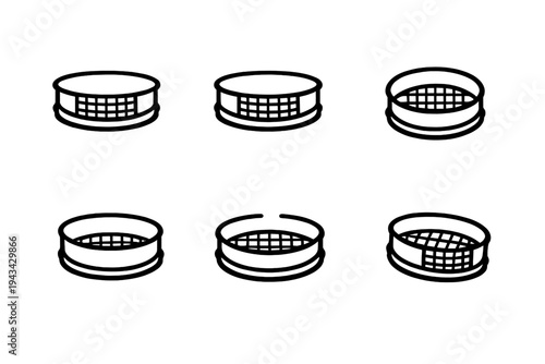 Set of laboratory sieve icons for soil analysis and material testing in scientific research and industrial quality control