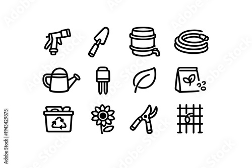 Set of gardening and horticulture line icons including watering can trowel hose pruning shears and flower on white background