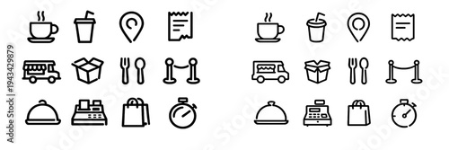 A collection of twelve minimalist black line icons representing food service and delivery concepts, including a coffee cup, food truck, cutlery, cash register, and shopping bag.