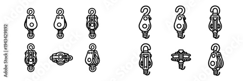Set of pulley block and tackle icons with hooks for industrial lifting and mechanical engineering equipment on white background
