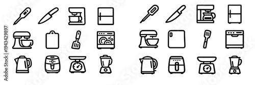 Collection of kitchen appliance and cooking tool icons including refrigerator coffee maker blender and air fryer