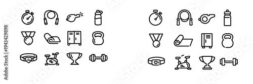 Fitness and gym equipment line icon set with stopwatch jump rope whistle water bottle medal yoga mat locker kettlebell and stationary bike