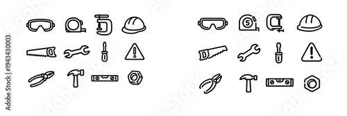 Collection of construction hand tool icons featuring hammer wrench screwdriver saw and safety equipment for building and repair projects