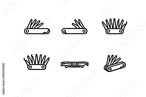 Set of black line icons representing multi-tool pocket knives and lock picking tools on a white background for utility and security concepts