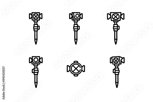 Set of land surveying total station icons for engineering and construction measurement equipment on white background