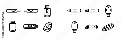 Set of minimalist USB flash drive icons and hardware security keys for data storage and digital authentication on white background