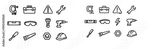 Set of black line icons for construction and home improvement tools including wrench screwdriver drill and safety equipment