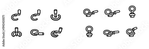 Set of industrial lifting hooks and eye bolt hardware icons for mechanical engineering and construction equipment design
