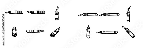 Set of deburring tool icons for metalworking and industrial edge finishing in black and white line art style on white background