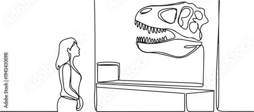 Woman looking at a dinosaur head display in a museum display. one line art icon drawing vector