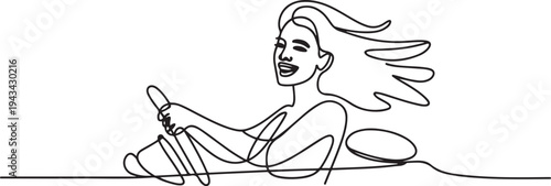 Continuous line drawing of a woman so happy traveling with car, Best Use for Sticker, one line art icon drawing vector