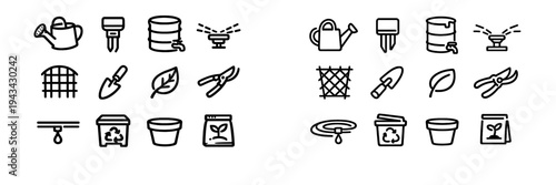 A collection of twenty-four minimalist white line art icons on a black background featuring various gardening tools, plants, and outdoor equipment for landscaping and nature.