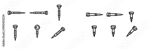 This image features several black and white line drawings of screwdrivers oriented in different directions. The minimalist illustrations represent common hand tools for repair work.