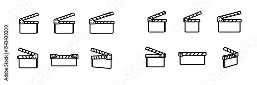 This set features twelve distinct movie clapperboard icons presented in white line art against a black background. The collection includes various angles and styles for film production.
