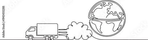 Continuous one line drawing Air pollution from truck exhaust can damage the ozone layer. Protects the earth's ozone layer from perforating. one line art icon drawing vector
