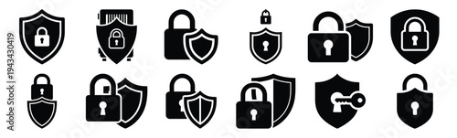 lock shield icon set collection in silhouette vector style. Production icon collection vector illustration.