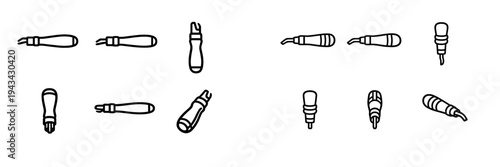 Collection of wood carving hand tools and chisels with wooden handles shown from multiple perspectives on a white background