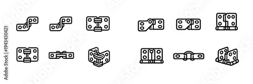 A collection of twelve minimalist white line icons depicting various types of door hinges and mechanical hardware joints, presented on a solid black background for technical design.